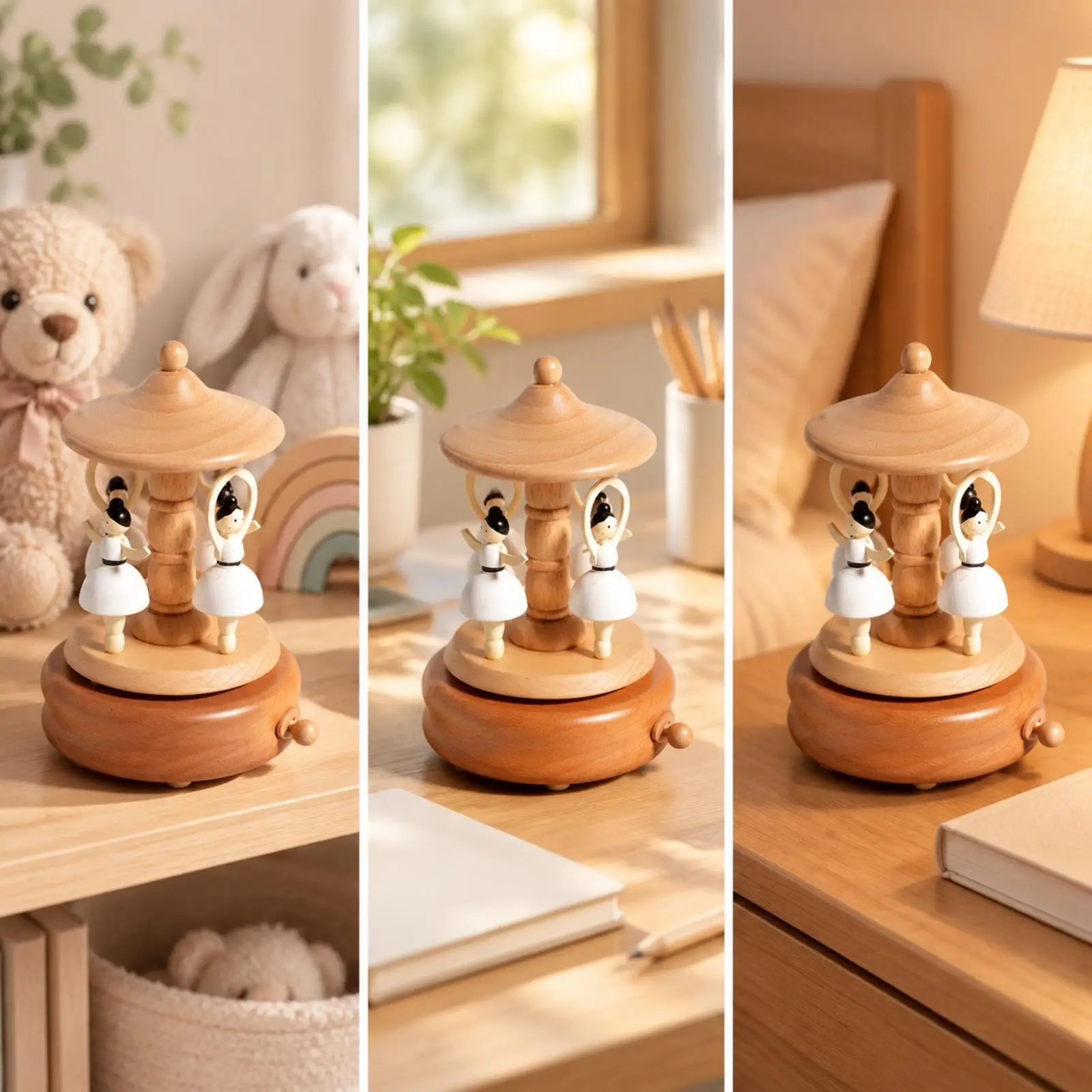 Wooden Carousel Music Box Hand Crank Rotating Ornaments Compact Decor for Nursery Nightstand Shelf Piece