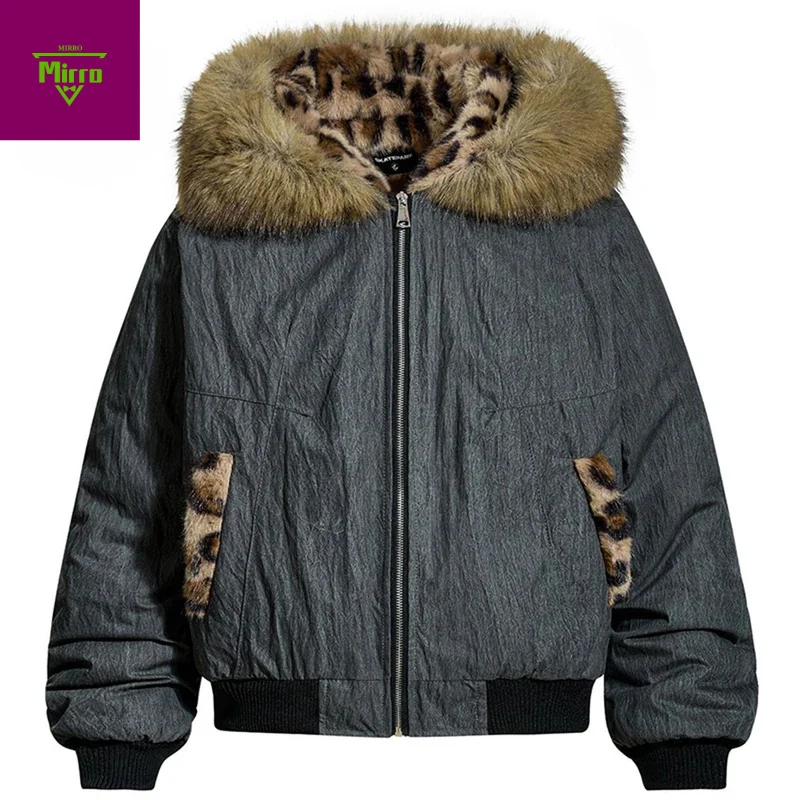 

Vintage Men's Winter Fur Collar Jackets Plush Warm Parkas Coats Streetwear Harajuku Hip Hop Oversized Jackets Outwear