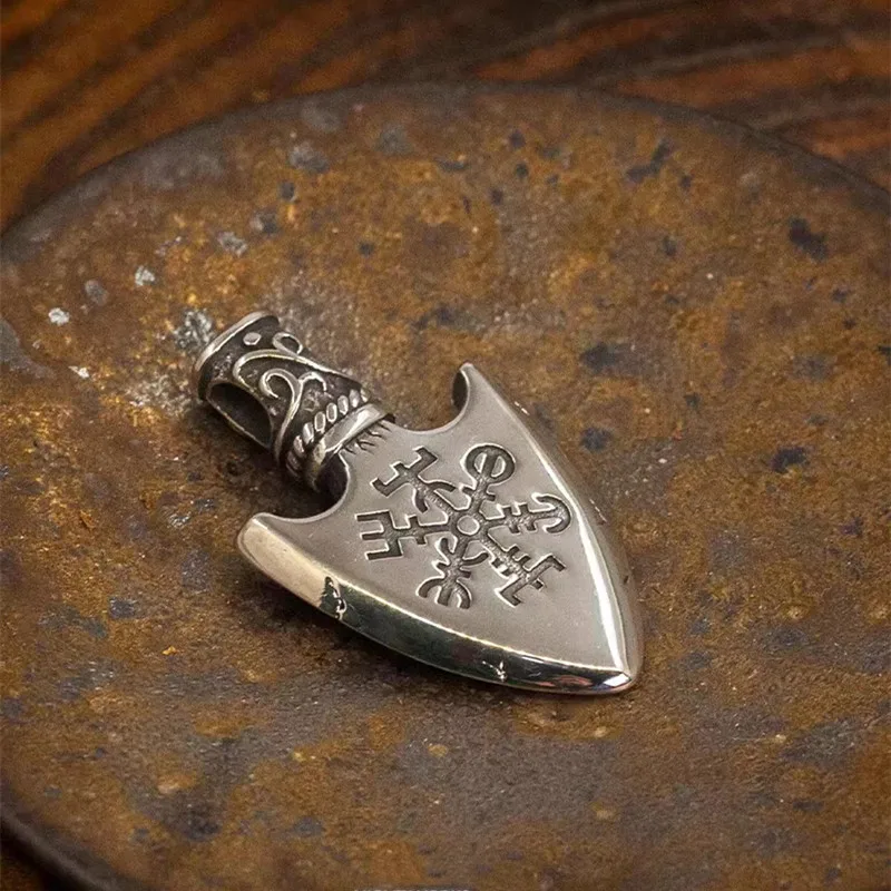 Nordic  Spear Front and Back Totem Pendant Compass Necklace Men\'s Personality Punk Trend Hip Hop Jewelry