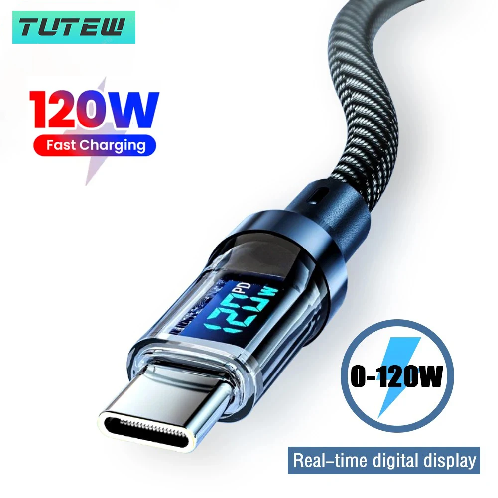 كابل شحن سريع للغاية بقدرة 120 وات، شاشة رقمية في الوقت الحقيقي، كابل بيانات USB A إلى النوع C لهواتف iPhone Android العالمية
