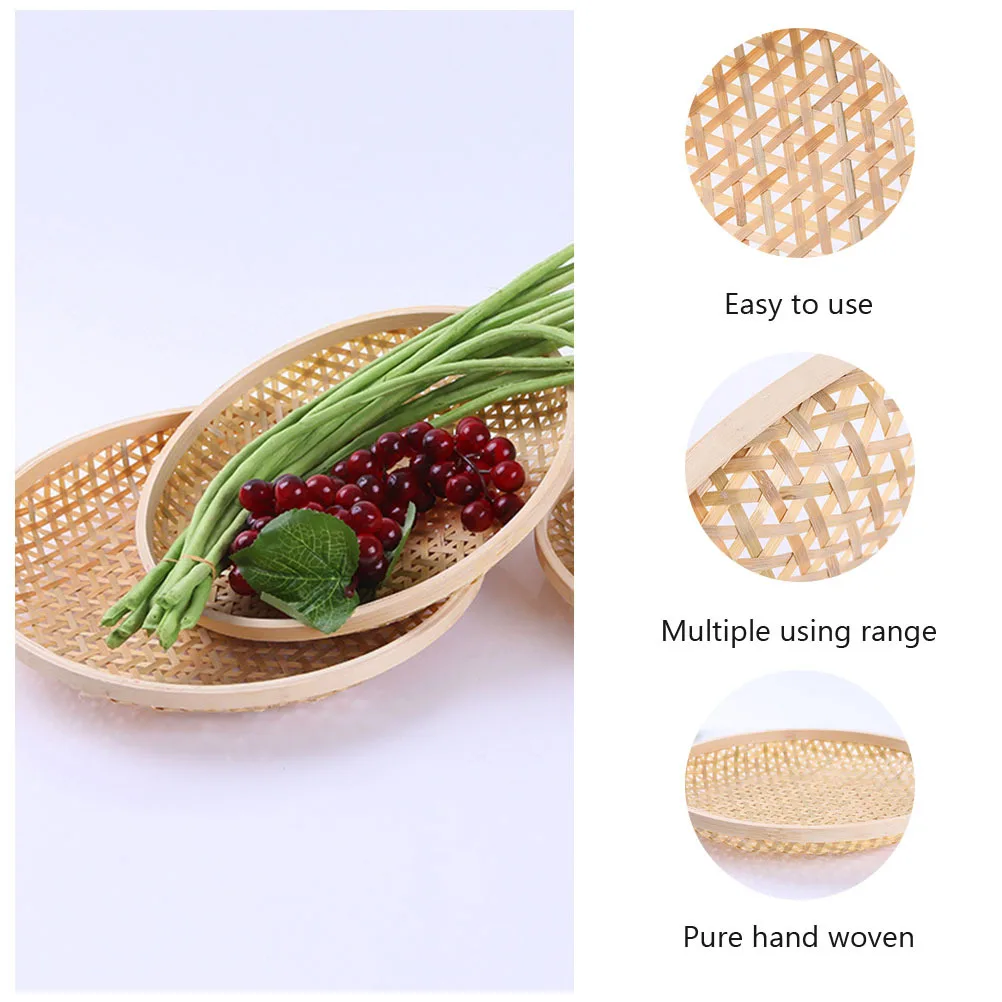 

3Pcs Bamboo Hand-Braided Fruit Tray Woven Storage Basket Portable Household Kitchen Plate Food Organizer