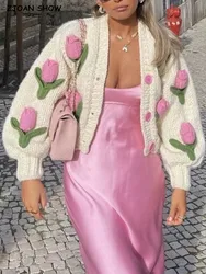 2022 Retro fatto a mano all'uncinetto 3D fiore palla Cardigan Vintage donna scollo a V manica lunga viola maglia maglione maglieria maglione