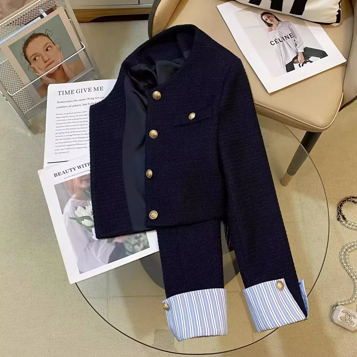 2025 Spring Autumn Ladies Blazer Jacket Fashion Splicing Women's Blazer Coat Temperament Versatile Navy Blue Female Outerwear