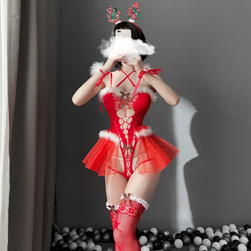 女性のためのクリスマスセット,コスプレ衣装,セクシーなロールプレイユニフォーム,エロティックなネットボディスーツ,赤いランジェリー,女性のドレス,赤