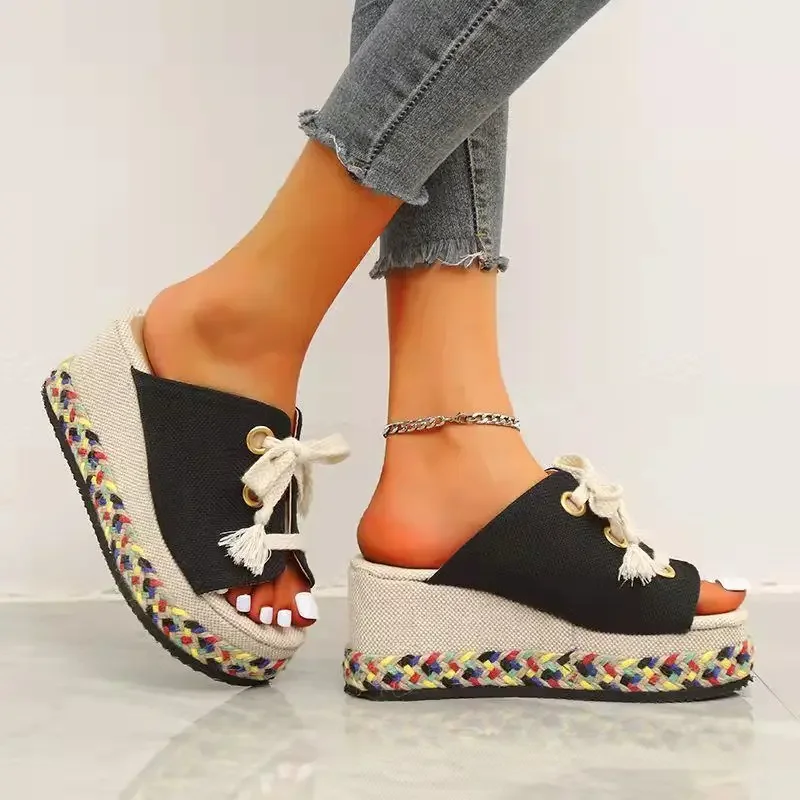 New Summer Women Shoes Lace Up Height Increase Wedge Slippers Woman Plus Size Open Toe Straw Platform Sandals Zapatillas Mujer