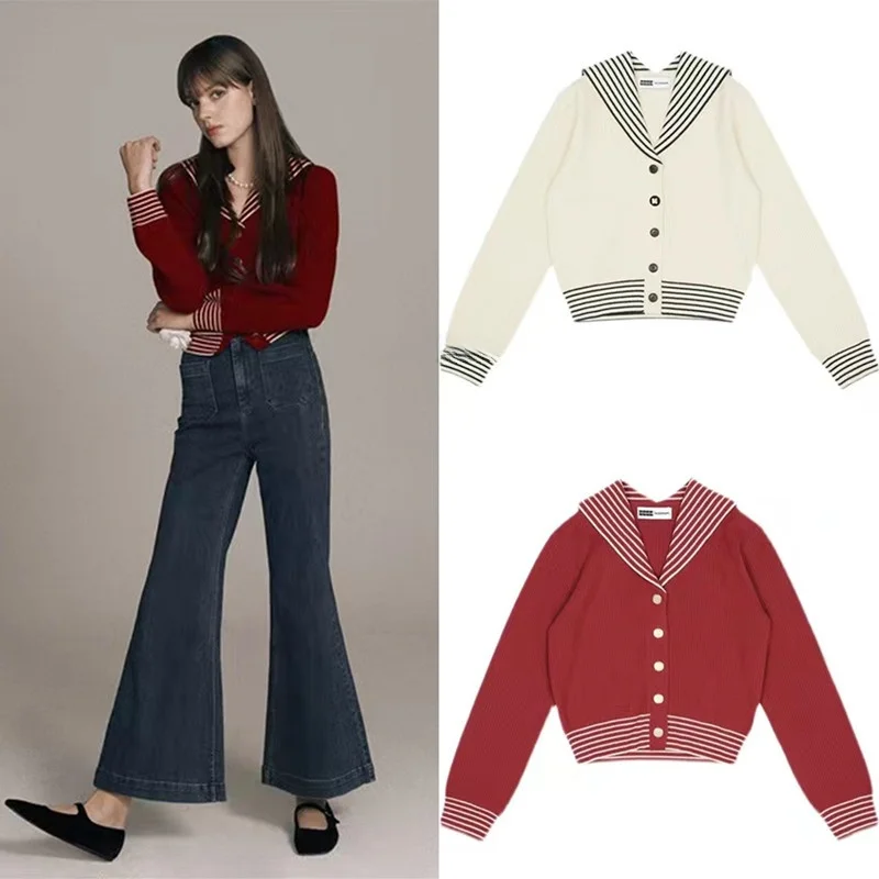 

EenK Early Spring Navy Collar V-Ne Long Sve Knitted Sweater Open Cardigan Striped Woolen Women's Faion Commute Sle