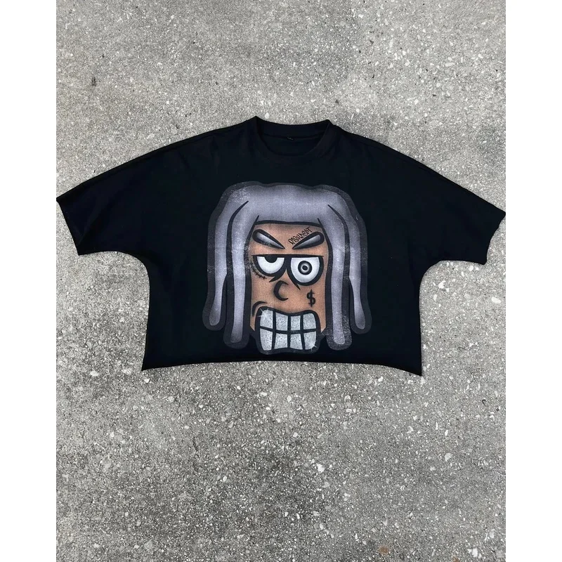 Camiseta Harajuku de gran tamaño con estampado de cabeza de dibujos animados para hombre y mujer, ropa de calle de manga corta, moda Hip Hop, cuello redondo, cuna eqs9X, 2025