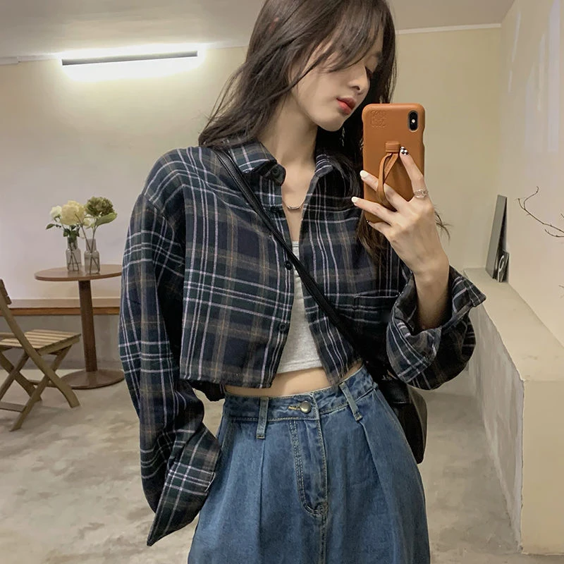 MEXZT Harajuku Crop Plaid camicie donna Vintage manica lunga allentata protezione solare camicette moda coreana Casual tutto abbinato Top cappotto