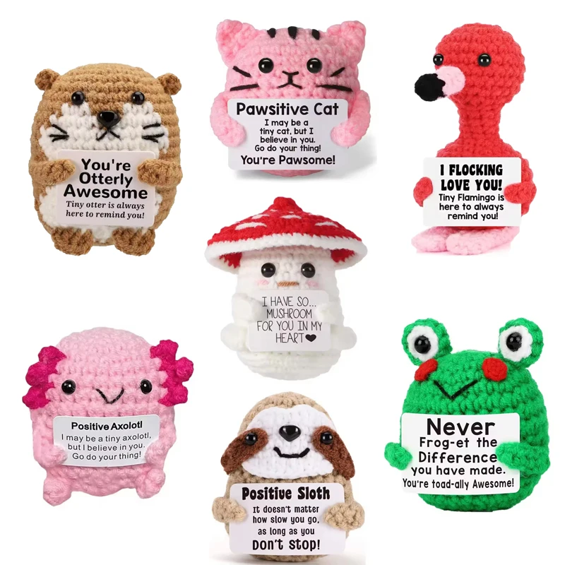 Divertido ganchillo positivo inspirador soporte emocional búho muñeca decoración de la habitación del hogar hecho a mano búho de punto adorno de escritorio regalo