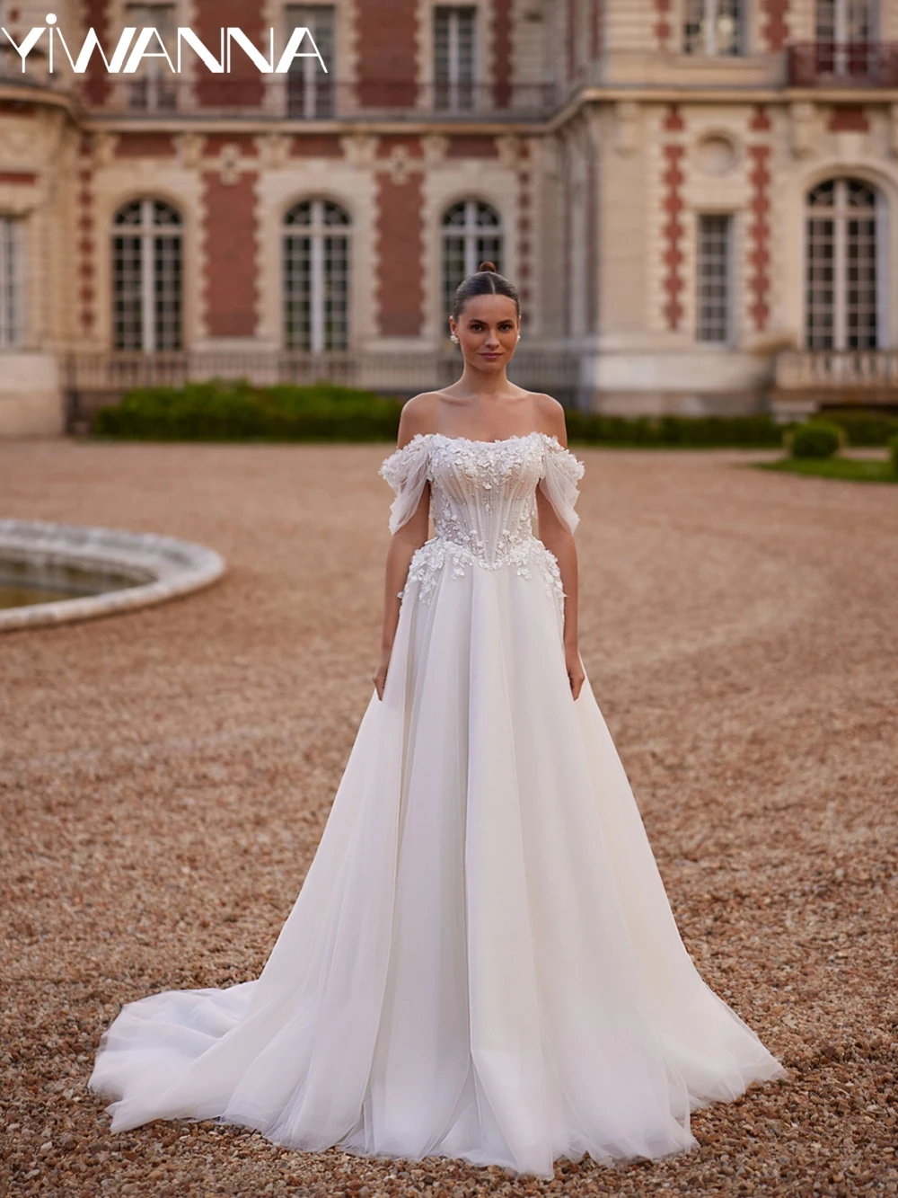 

Romantic 3D Flower Off Shoulder Wedding Dress Shiny Pearls A-line Long Bridal Gown Customized Strapless Dresses For Bride