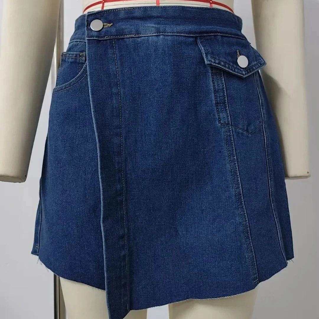 

2026 Denim Shorts Women Culottes Irregular Jeans Washed Distressed Pockets Mid Waist Club Vintage Short Pant Skirt Streetwear