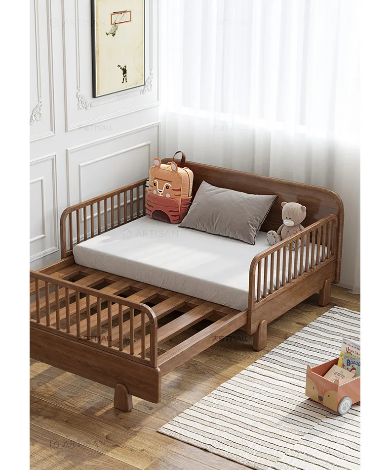 Wangheng solid wood children's bed with guardrail boy bedroom girl princess splicing bed push-pull retractable bed crib