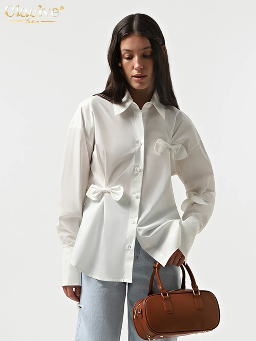 

Clacive Fashion Loose White Office Women's Shirt 2025 Casual Lapel Long Sleeve Blouse Elegant Classic Bow Tops Female Clothing