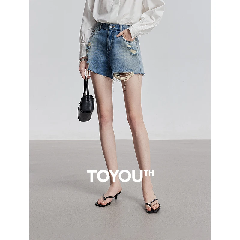 

TOYOUTH Female Denim Shorts 2025 Spring New Streetwear Mid Waist Ripped Holes Wide Leg Hot Pants