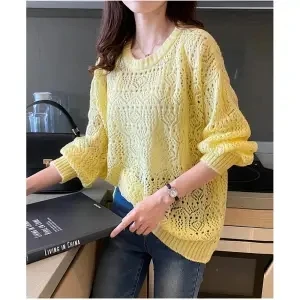 Spring Summer Women Solid Casual Pullover Long Sleeve Loose Top Gentle Sexy Blouse Breathable Hollowe Out Soft Ruffle Sleeve