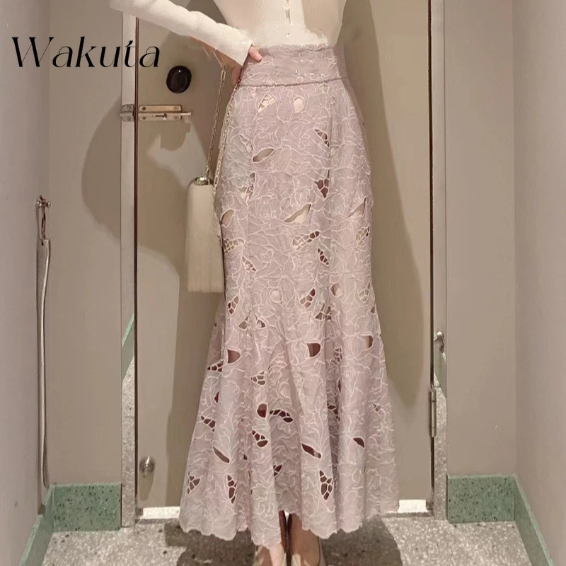 

WAKUTA Japanese Spring Sweet Waist Slimming Skirt Retro Ten Thousand Needles Embroidered Lace Wrapping Butt and Fish Tail Skirts