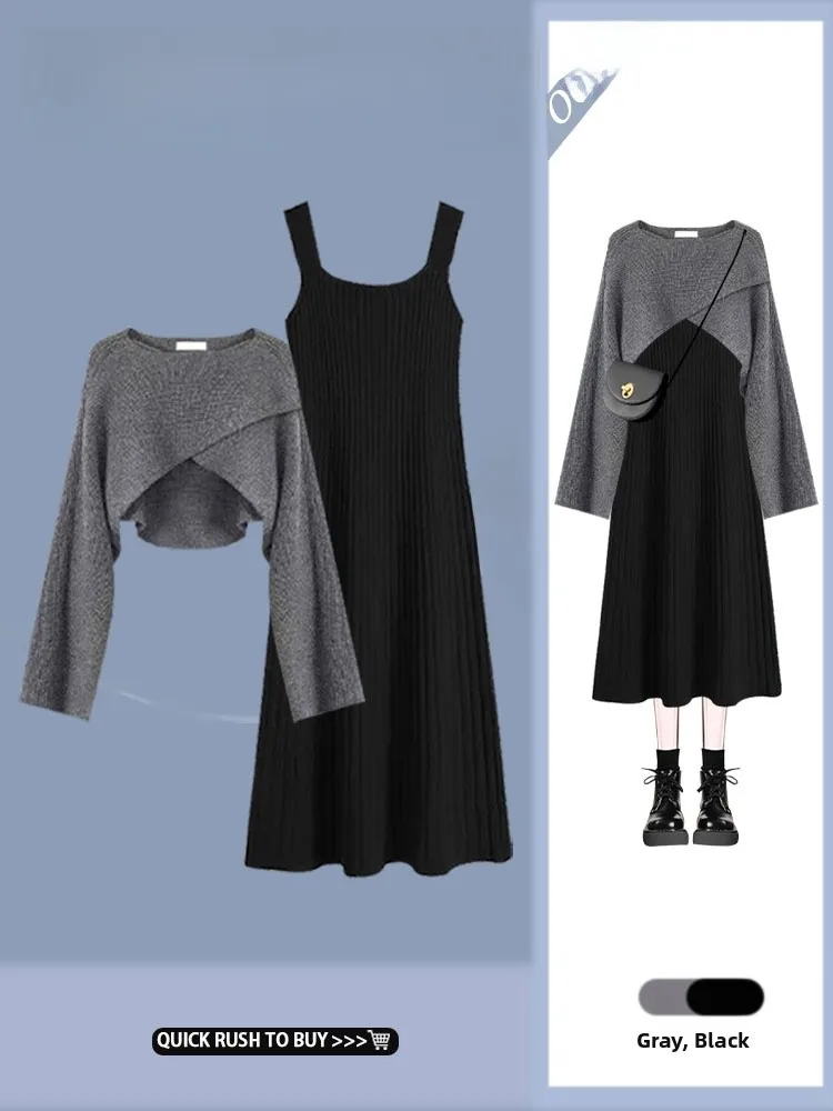 

Autumnal Knitted Long Sve Dr And Sweater Set 2024 New Sle Slimming Two-Piece Ensemble for Women Faionable Casual Wear