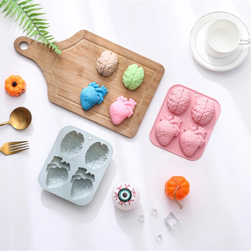 1Pc 4 Grid Brain Heart Silicone Mold Food Grade Brain Fondant Molds Silicone Molds for DIY Baking Cake Bakeware