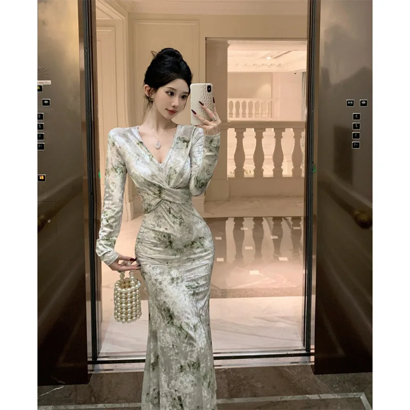 ヴィンテージ V ネック プリント クロスノット グリーン ベルベット ボディコン ミディドレス エレガント スリム パーティー プロム ドレス 女性用イブニングガウン
