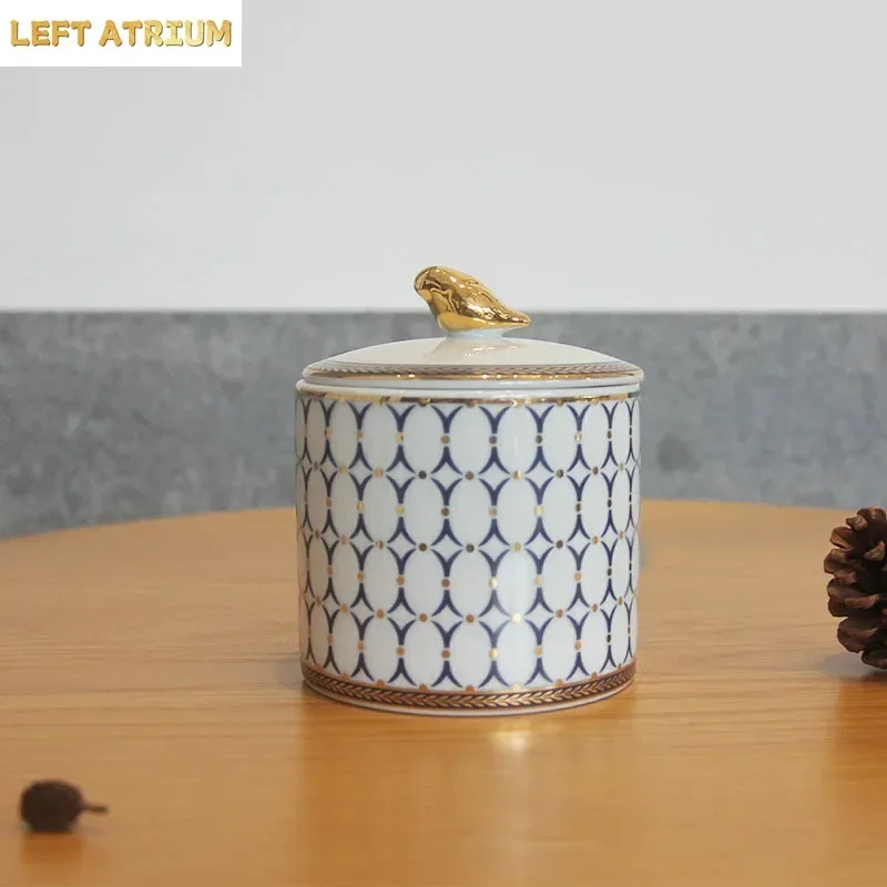 Ceramic Storage Jar with Lids Gold Plated Candle Cup Cotton Swab Storage Tank Fragrance Cups Cosmetic Containers Desk Decoration