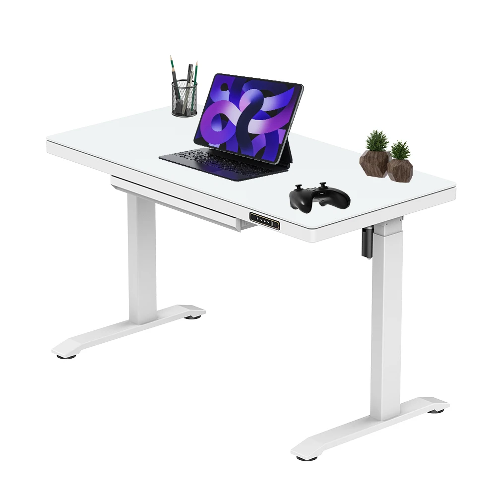 

Home Office Computer Gaming Desk With Drawer Glass Tabletop Electric Lifting Smart Sit Stand Height Adjustable Standing Desk