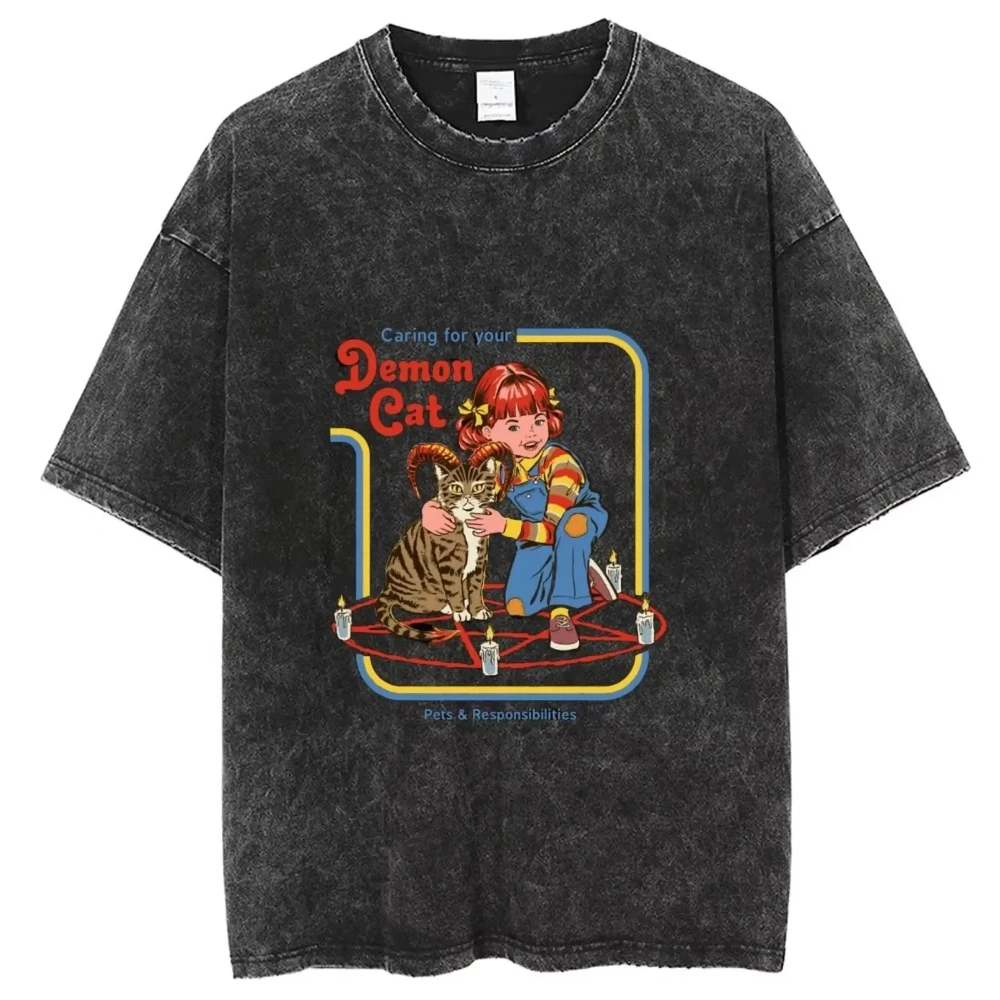 Caring for Your Demon Cat Printing Wash T-shirts Women Street Hip Hop Clothes Cotton Breathable Short Sleeve Summer Soft T-Shirt