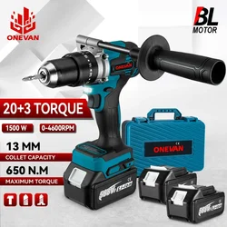 ONEVAN 브러시리스 전기 임팩트 드릴, 무선 전기 해머 드릴 전동 공구, Makita 18V 배터리용, 13mm, 650N.M, 20 + 3 토크