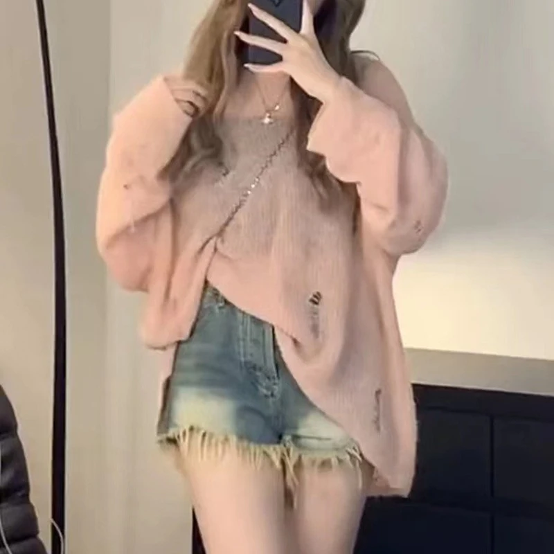 

Thin Loose Covers Up Shirt Women Fashion Sexy Pullover Holes Knitted Sweater See Through Spring Autumn Long Sleeved Casual Tops