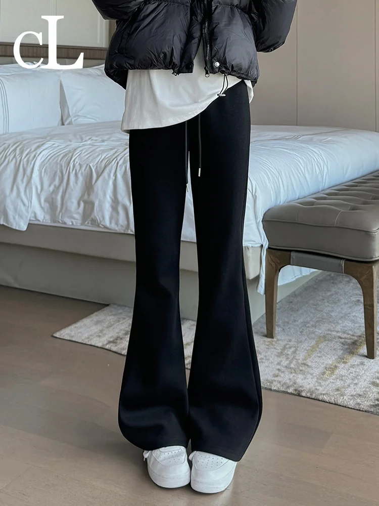 Calça esportiva fena de cintura alta, forro de lã, slim fit, calça capri casual, micro calça larga, primavera, outono e i...