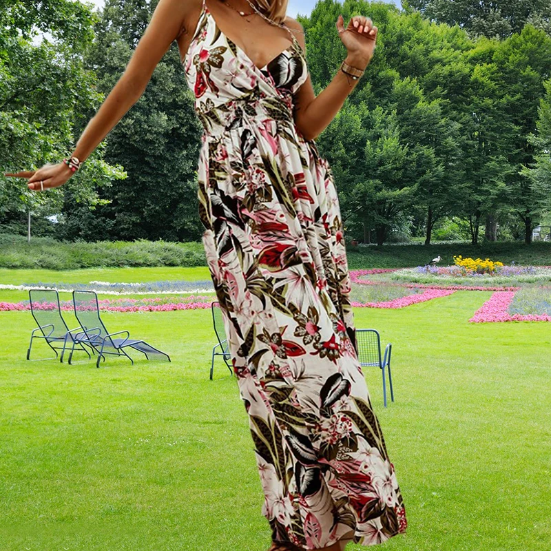 

Amazon Wish Europe and America 2024 Spring/Summer New V-neck Sleeveless Suspended Strap Printed Bohemian Long Dress Dress