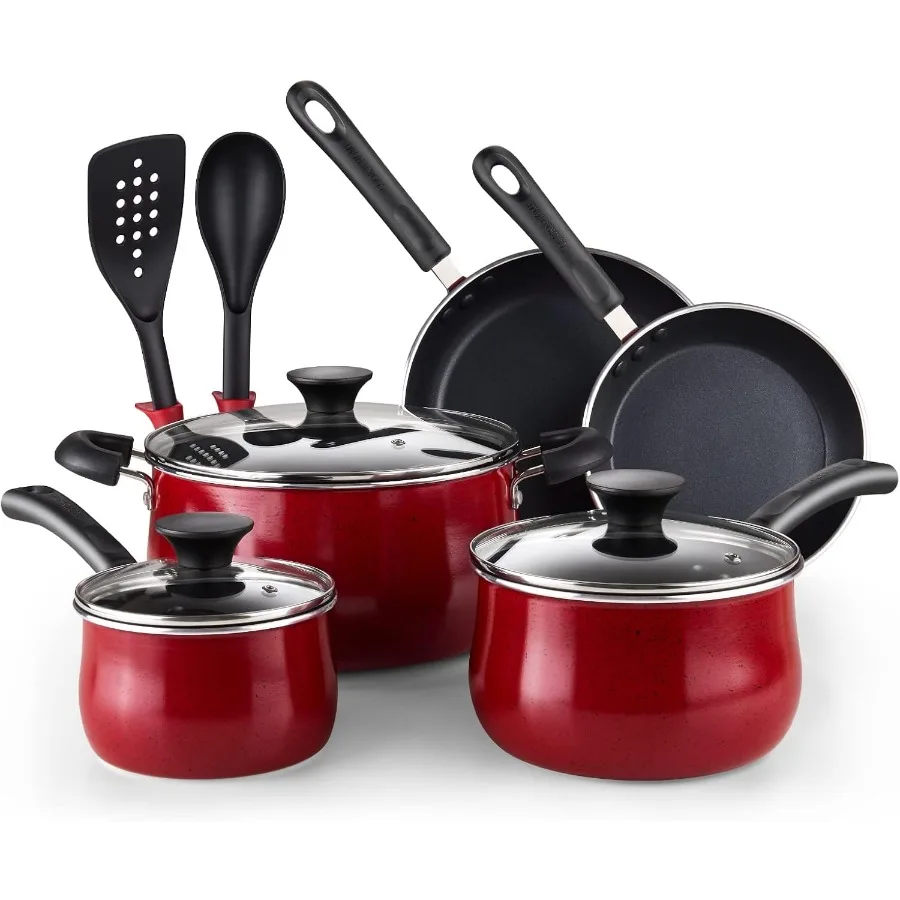 

10Piece Nonstick Cookware Set with Belly Shape Frying Pans and Saucepans for Induction Stovetops Marble Red Kitchen Cooking Set
