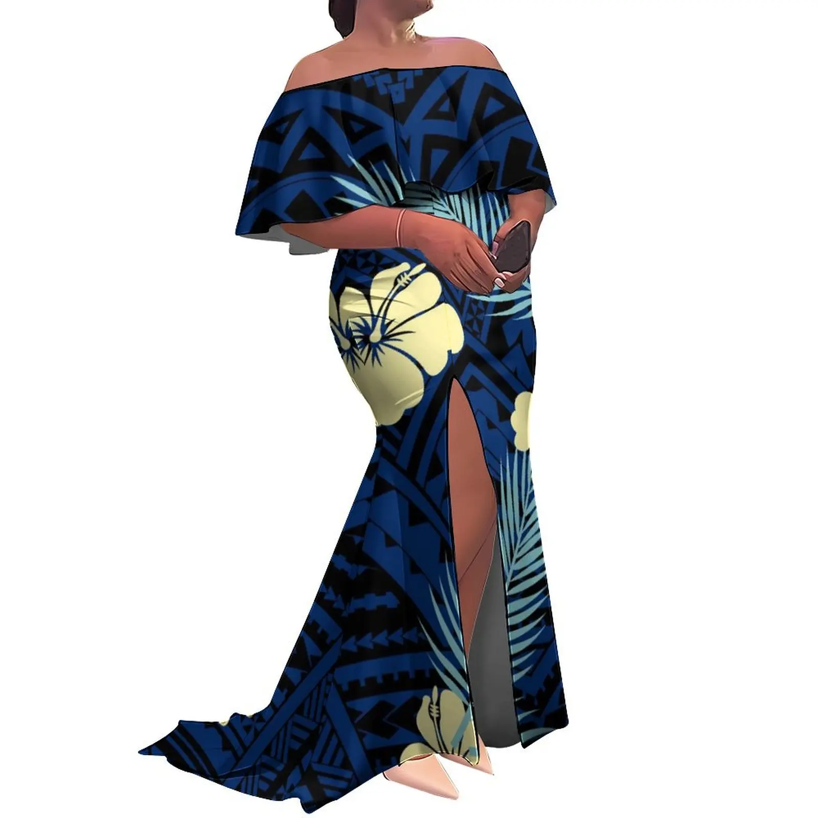 

Tax Included 2025 New Polynesian Design Long Maxi Fishtail Dress Custom Hawaii Off Shoulder Split Lady Mermaid Dress