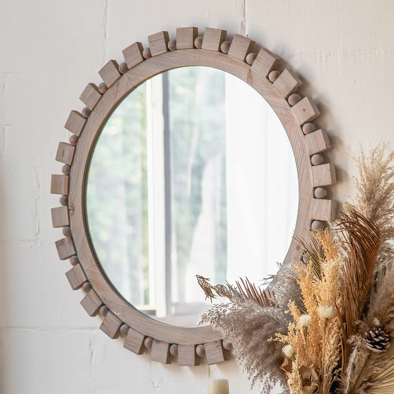 

American round fir makeup mirror, retro literary ins style bedroom hanging mirror porch homestay personalized mirror