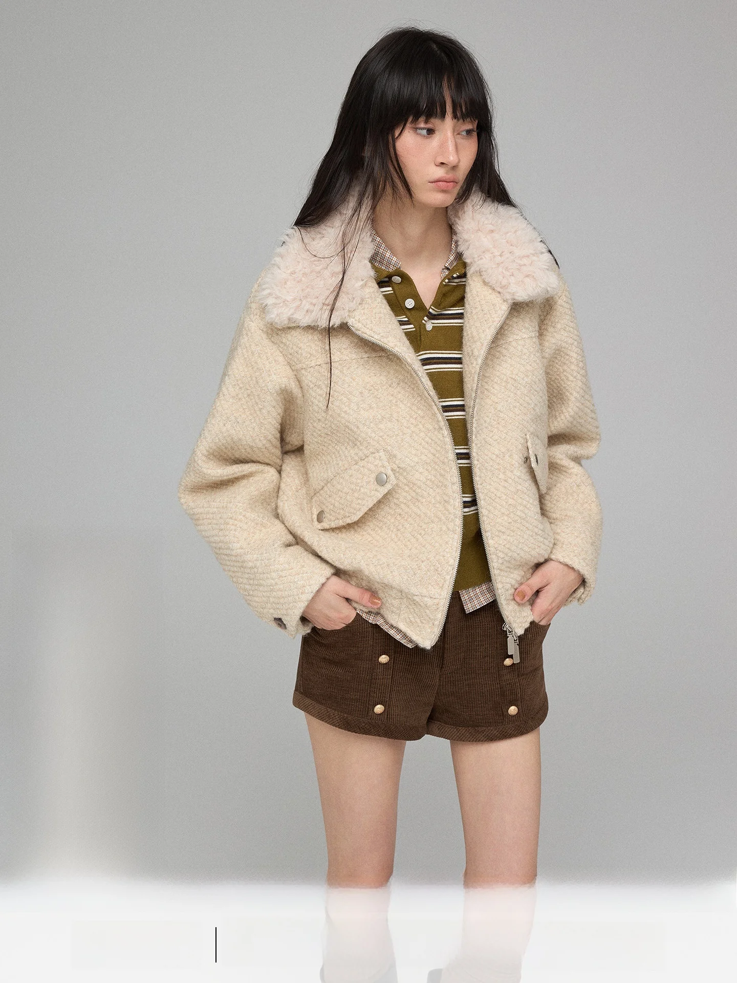 

Твидовое пальто Trendkill с отстегивающимся меховым воротником и вставками, свободного кроя, для женщин, повседневное, утепленное, длинное