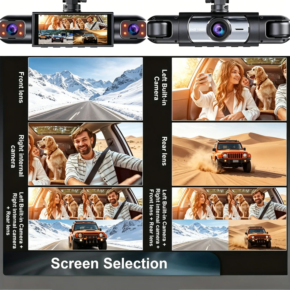 Dash Cam 1080P 360° Vehicle DVR Driving Recorder 4-channel 3.16-inch LCD Screen Rotatable Lens, Night Vision, Loop Recording
