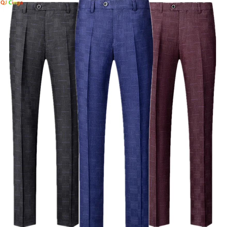 Blue Men's Plaid Suit Pants, Fashion Slim Trousers, Gray & Burgundy Available, Asian Size M-5XL