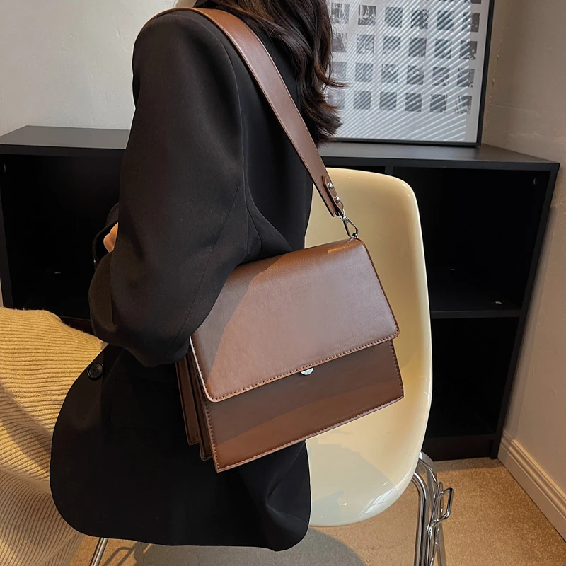 Vintage Fashion Business Bags For Women Double Strap Pure Color PU Leather Shoulder Crossbody Bag 2022 Designer Bags Luxury Tote