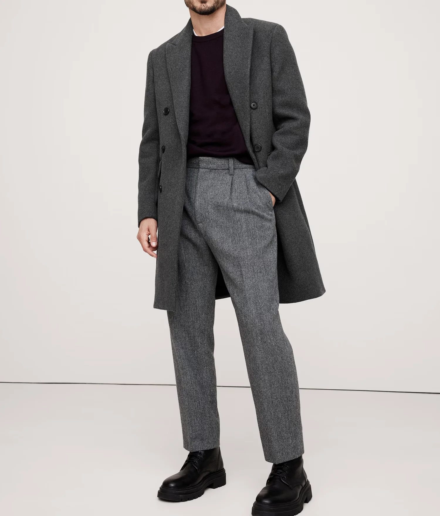 Dunkelgrauer Herren-Woll-Tweed-Mantel, zweireihig, Winter-Trenchcoat in Übergröße, maßgeschneiderter Blazer für formelle Freizeitkleidung