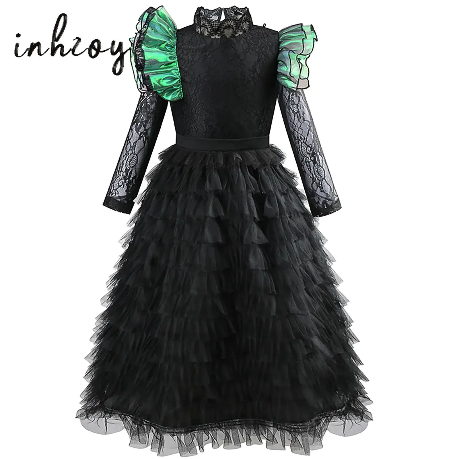 

Girls Halloween Witch Cosplay Costume Ruffled Sleeve Lace Long Sleeve Puffy Dress with Matched Cape for Christmas Theme Party
