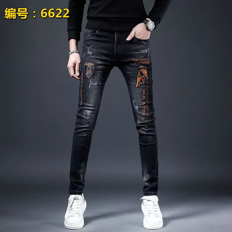 Harajuku موضة الشارع الشهير الجينز الرجال العلامة التجارية العصرية مطاطا عادية نحيل الجينز السراويل الشباب الكورية بسيطة سليم ورقيقة السراويل