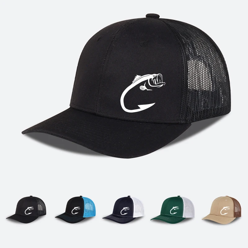 Bass Fish Hook Print Trucker Hat Adjustable Unisex Mesh Fishing Fan Sun Hat