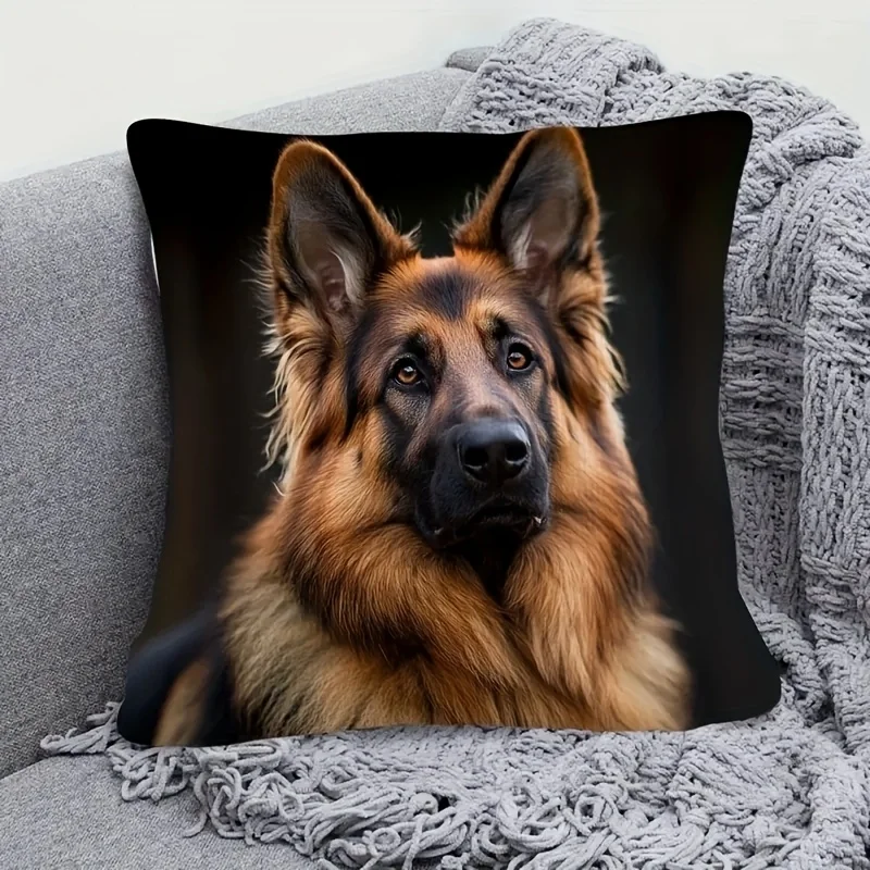Realistic German Shepherd Pillowcase, Loyal Dog Portrait Cushion Cover, Black Background Pet Art, Home Decor Throw Pillow