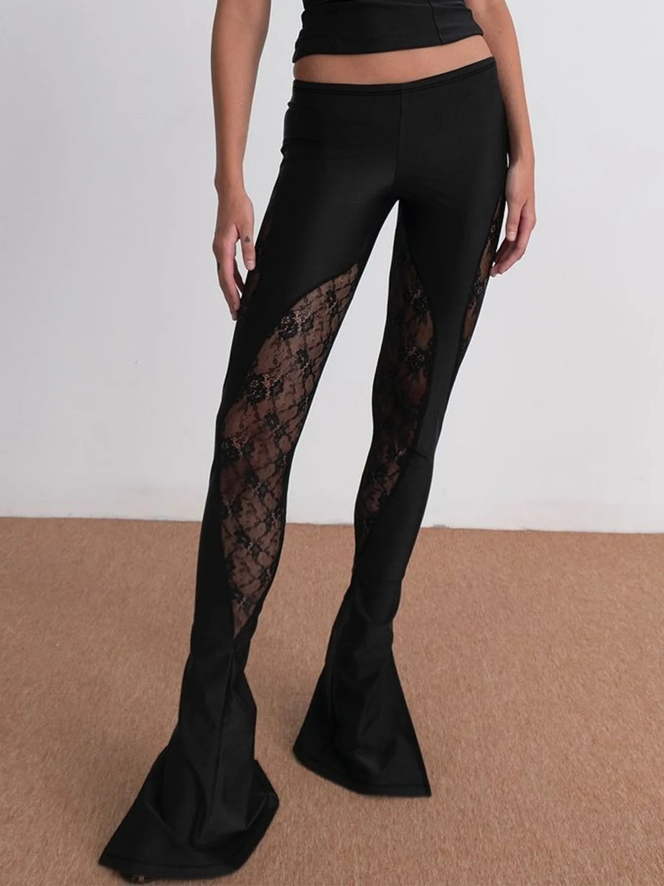 

DSMTRC Rave Festival Casual Outfits for Women's Black Fashion Lace Splice Sheer Flared Pants Mid Rise Pants Halloween Streetwear