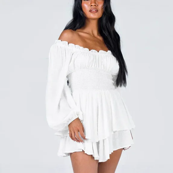 

Women's Loose Playsuit Puff Long Sleeve Square Neck Ruffle Short Romper Dress Spring Fall Casual Elegant Overalls