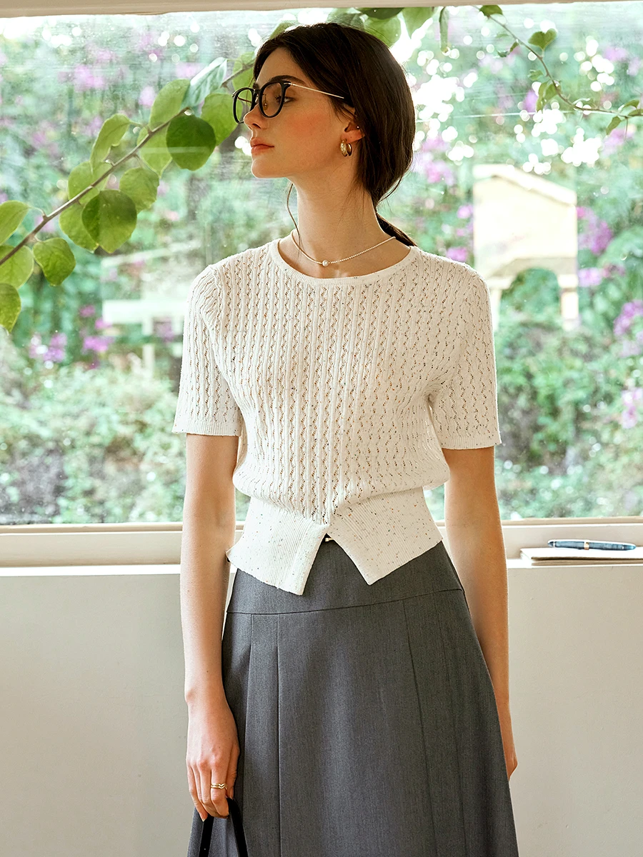 OLrain, prendas de punto para mujer, verano 2021, suéter tejido de manga corta blanco francés, moda para ir al trabajo, jersey con abertura de Color para mujer O57XZ96899