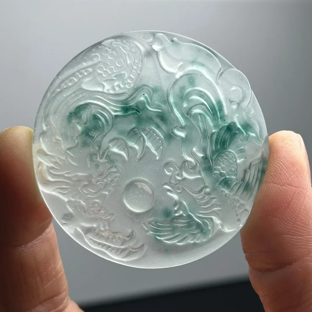 Certified Natural ice White jade Jadeite Carved Dragon&phoenix Pendant&Necklaces