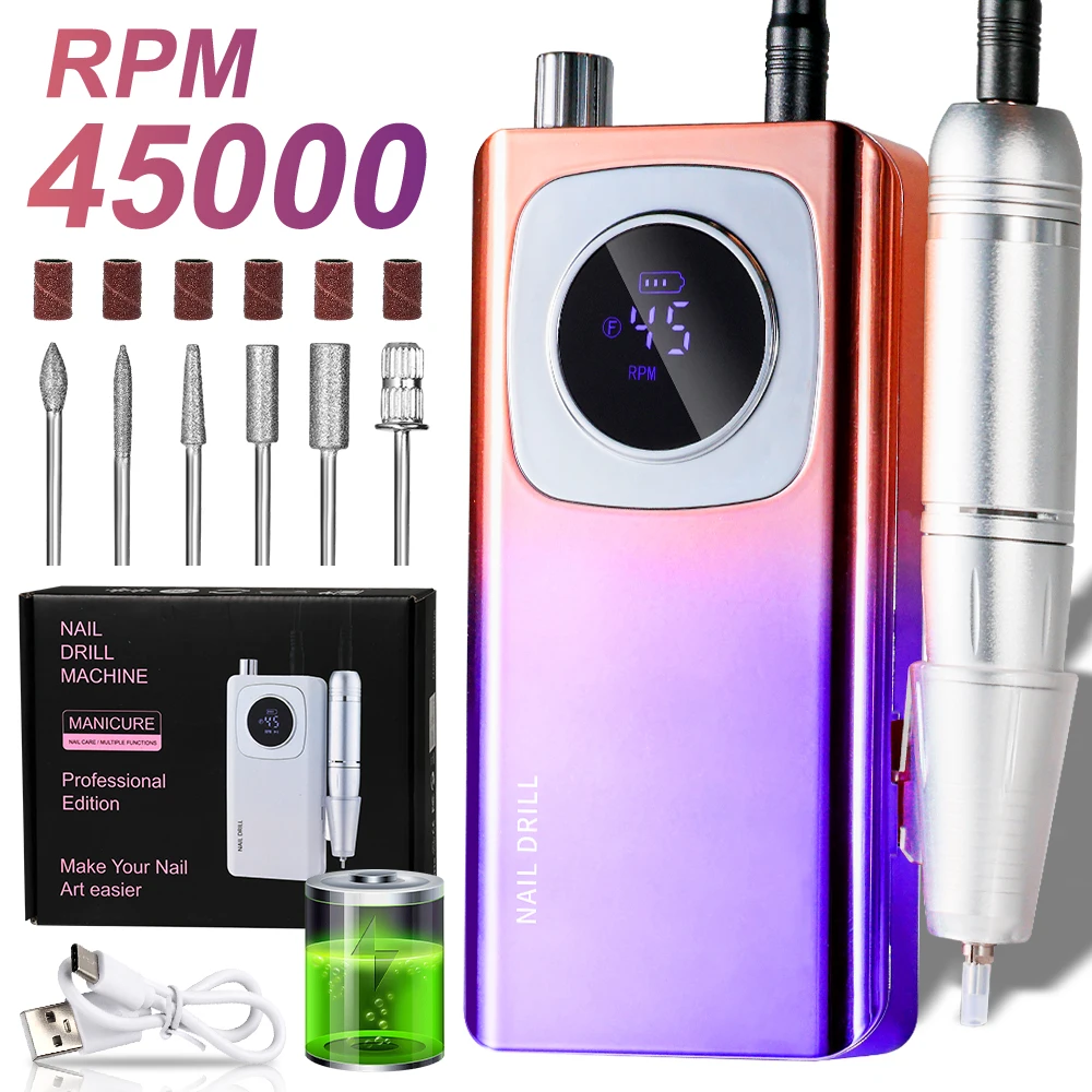 

45000RPM Electric Portable Nail Drill Machine Rechargeable for Gel Nails Polish Portable Nail File Manicure Tools
