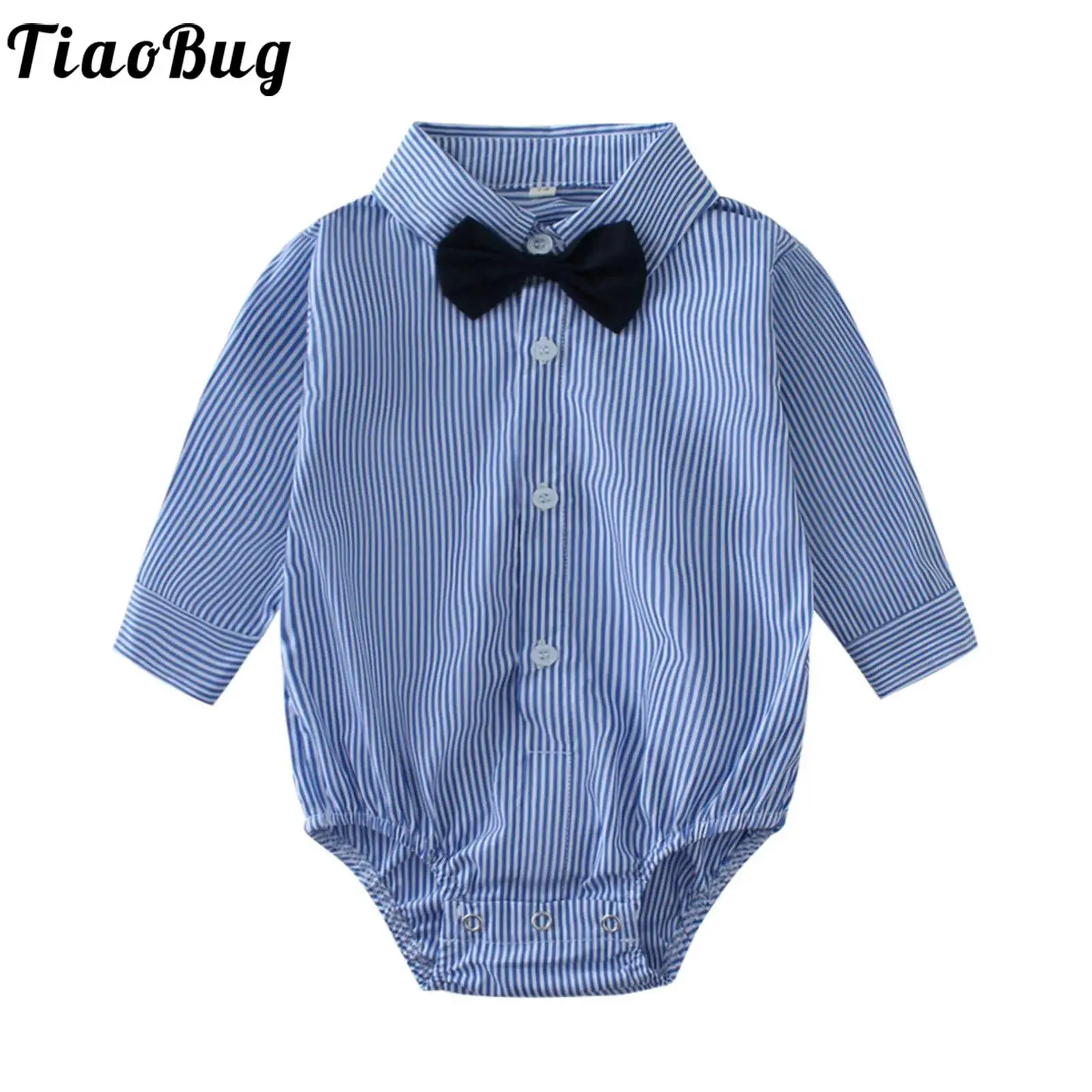 Infant Baby Boys Stripes Button Up Romper Shirt Bodysuit with Bow Tie Kids Toddler Birthday Party Baptism Photography Clothes