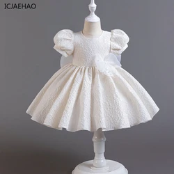 ICJAEHAO Puff Sleeve Princess Outfit Super Pearl Bow Girl Dress Jacquard Flower Infant Gown Party Matching Kid's Clothes 1-6 Y