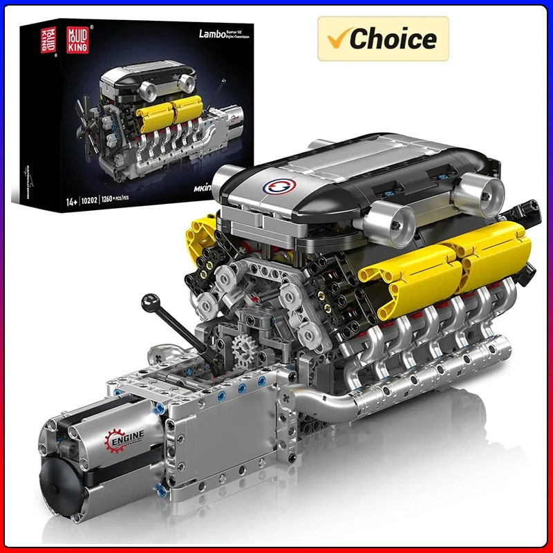 

Конструктор Mould King 10202: Техническая модель двигателя автомобиля, моторизованный суперкар с двигателем V12 и трансмиссией, строительные блоки, подарок для детей